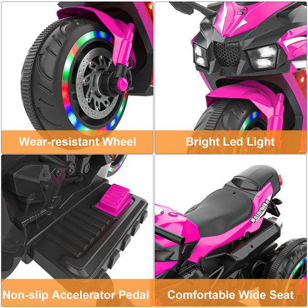 Electric Motorcycle for Kids, 12V Battery Powered Ride on Toys 3 Wheels Motorcycle with LED Lights, Bluetooth Music, Pink (No shipping on weekends) (Temu, Walmart Amazon prohibited)