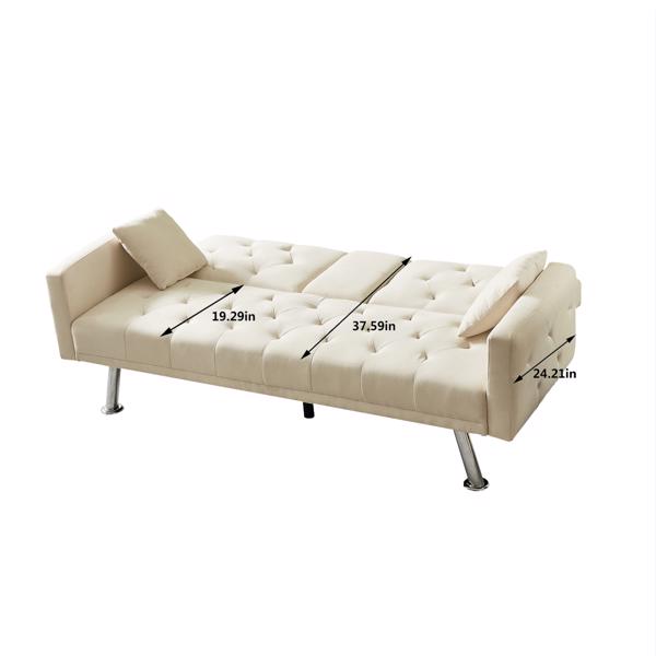 Beige Linen Convertible Sofa and Bed, Square Arm Armrests, Can Hold Water Cup, Two Pillow