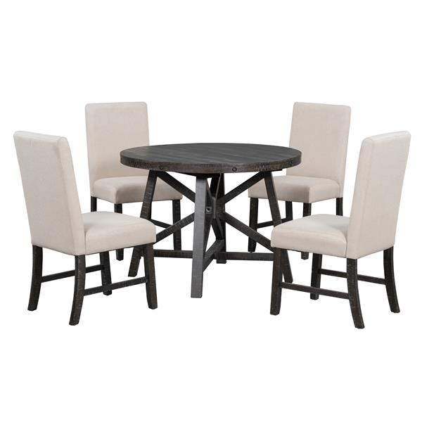 5-Piece Retro Functional Dining Set with Extendable Round Table with Removable Middle Leaf and 4 Upholstered Chairs for Dining Room and Living Room (Black)