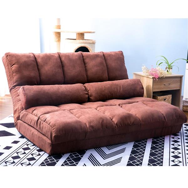 Double Chaise Lounge Sofa Floor Couch and Sofa with Two Pillows (Brown)