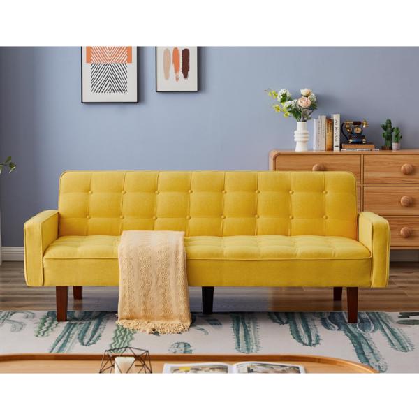 Yellow, Linen Futon Sofa Bed 73.62 Inch Fabric Upholstered Convertible Sofa Bed, Minimalist Style for Living Room, Bedroom.