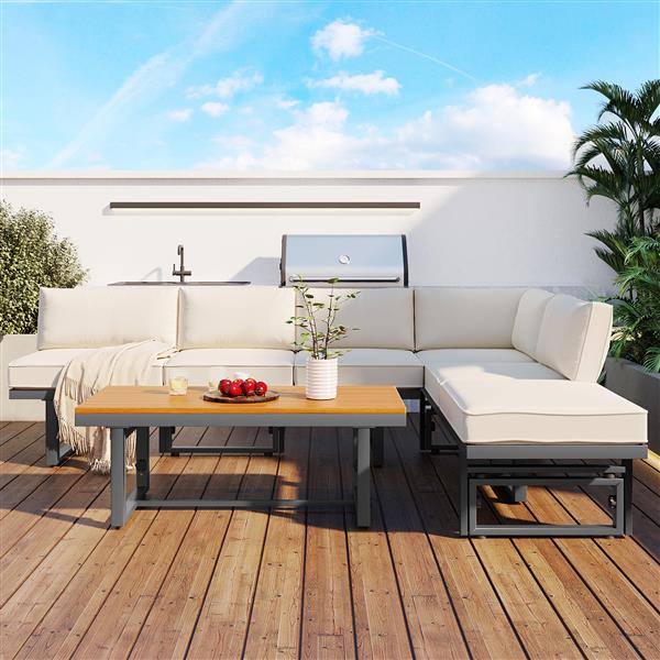 3-Piece Modern Multi-Functional Outdoor Sectional Sofa Set with Height-adjustable Seating and Coffee Table for Patio, Garden and Backyard (Beige)