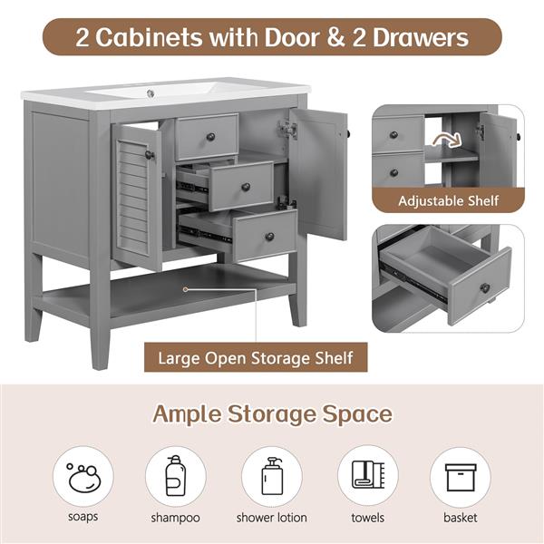 36" Bathroom Vanity with Ceramic Basin, Two Cabinets and Drawers, Open Shelf, Solid Wood Frame, Grey