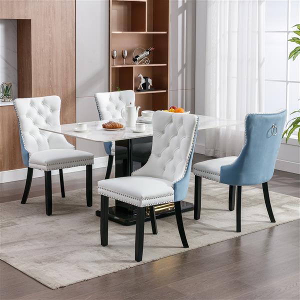 Furniture,Modern, High-end Tufted Solid Wood Contemporary PU and Velvet Upholstered Dining Chair with Wood Legs Nailhead Trim  2-Pcs Set, White+Light Blue, SW2101WL