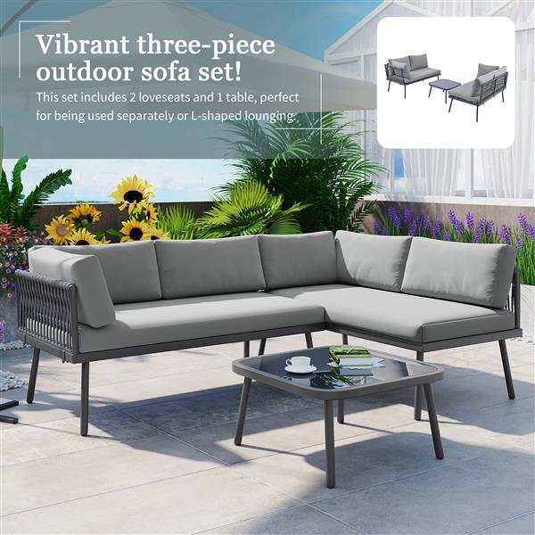 Modern Outdoor 3-Piece PE Rattan Sofa Set All Weather Patio Metal Sectional Furniture Set with Cushions and Glass Table for Backyard, Poolside, Garden, Gray,L-Shaped