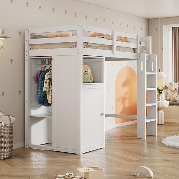 Twin Loft Bed with Wardrobe, Storage Shelves and Ladder, White