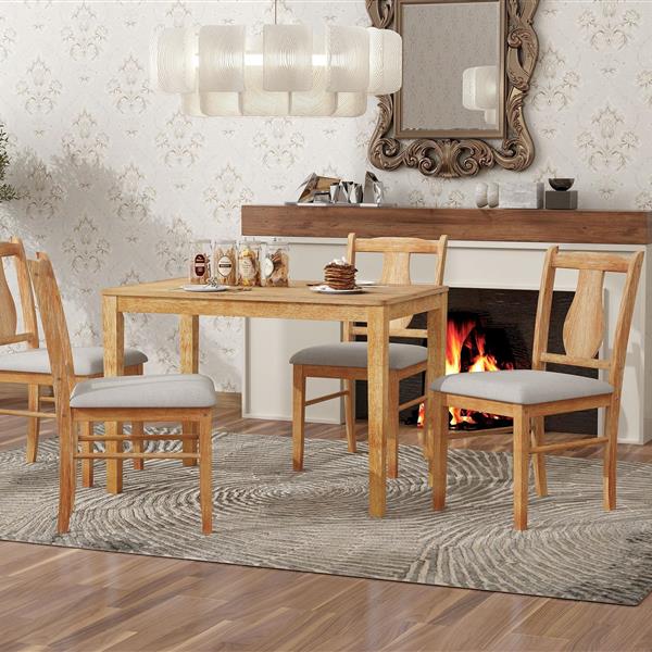 5-Piece Kitchen Dining Table Set, Wooden Rectangular Dining Table and 4 Upholstered Chairs for Kitchen and Dining Room (Drift Wood)