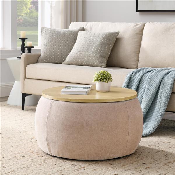 Round Storage Ottoman, 2 in 1 Function, Work as End table and Ottoman,  Pink  (25.5"x25.5"x14.5")