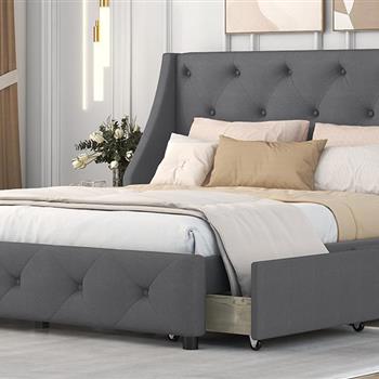 Upholstered Platform Bed with Wingback Tufted Headboard and 4 Drawers, No Box Spring Needed, Linen Fabric, Queen Size Gray