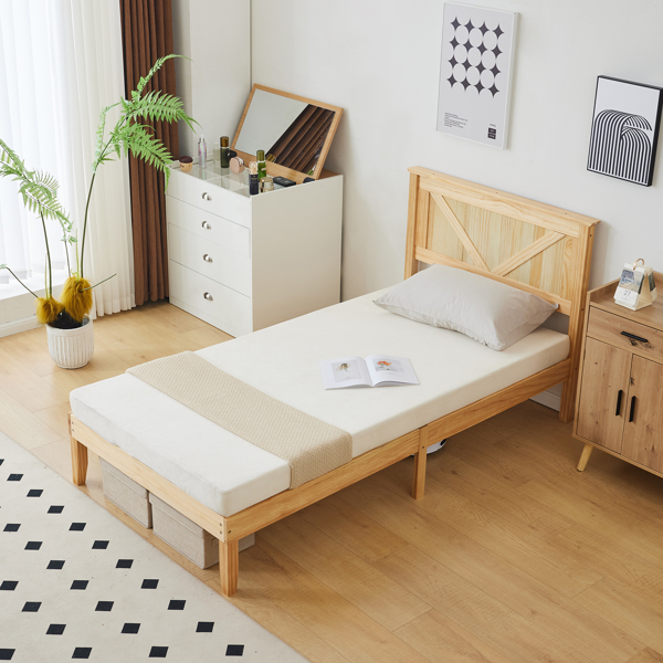 Twin Size Solid Wood Platform Bed Frame with Headboard Natural