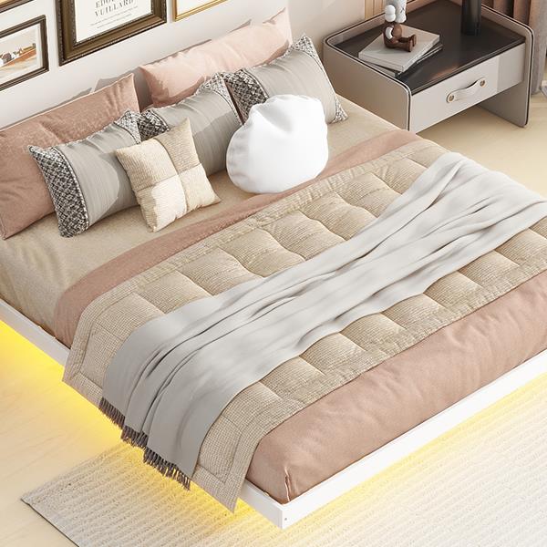 King Size Floating Bed with LED Lights Underneath,Modern King Size Low Profile Platform Bed with LED Lights,White