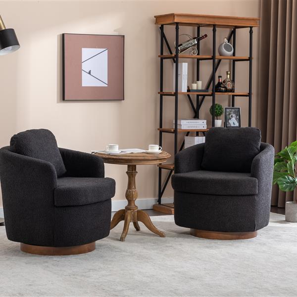 035-Boucle Fabric Swivel Chair With Soild Wood Round Brown Base Leg,Black