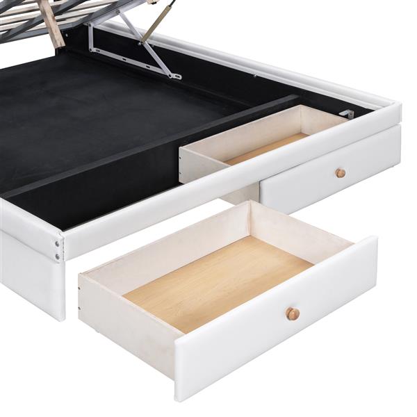 Full Size Upholstered Bed with Hydraulic Storage System and Drawer, White