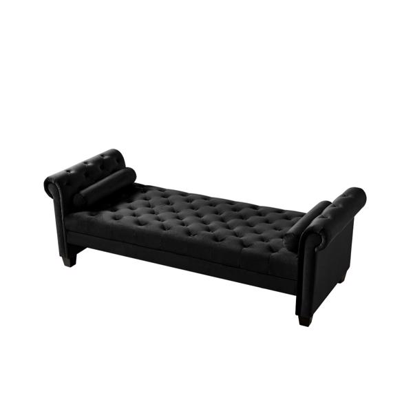 Black,  Solid Wood Legs Velvet Rectangular Sofa Bench with Attached Cylindrical Pillows 