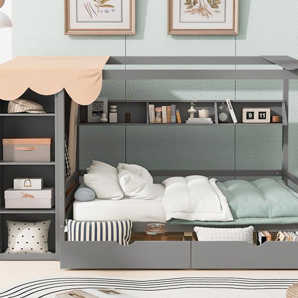 Full size House Bed with Two Drawers and Wardrobe,Gray