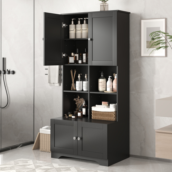 Tall and Wide Bathroom Floor Storage Cabinet, Bathroom Storage Unit, Freestanding Cabinet with 4 Doors, Adjustable Shelves, Open multi-layer Shelves, Black 