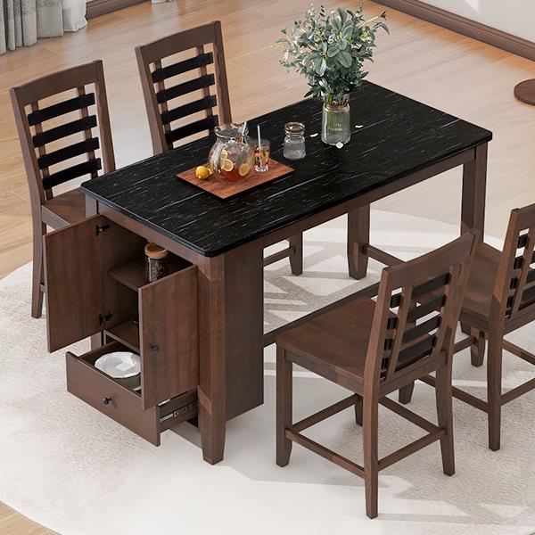 Counter Height 5-piece Dining Table Set with Faux Marble Tabletop, Solid Wood Table Set with Storage Cabinet and Drawer, Dark walnut