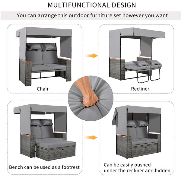 2-Piece Rattan Outdoor Patio Bench Lounge Roof Set, Effective UV Protection Fabric & Waterproof Cushions and Adjustable Backrest for Garden, Backyard and Porch (Grey Wicker + Grey Fabric)