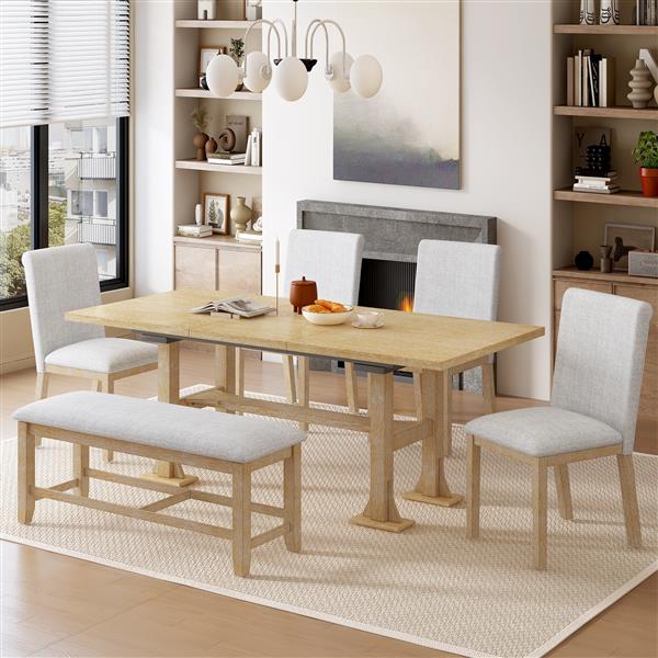 Farmhouse 76inch 6-Piece Extendable Dining Table Set Trestle Kitchen Table Set with 18inch Removable Leaf and Upholstered Dining Chair and Bench for Dining Room, Natural