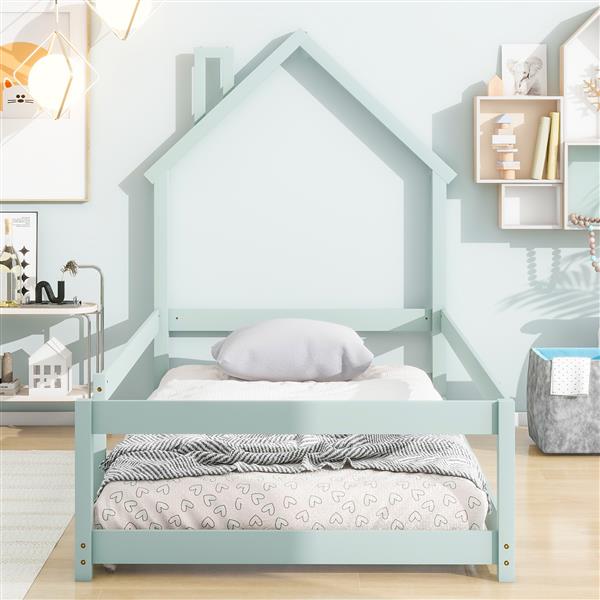 Twin Size Wood bed with House-shaped Headboard Floor bed with Fences,Light Green