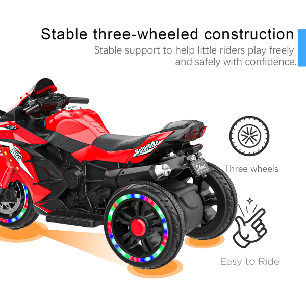 Electric Motorcycle for Kids, 12V Battery Powered Ride on Toys 3 Wheels Motorcycle with LED Lights, Bluetooth Music, Red (No shipping on weekends) (Temu, Walmart  Amazon prohibited)