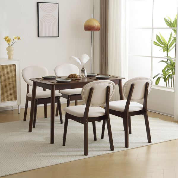 Rubber wood soft bag deep walnut dining table and chair set 1 table 4 chairs beige cushion rectangular