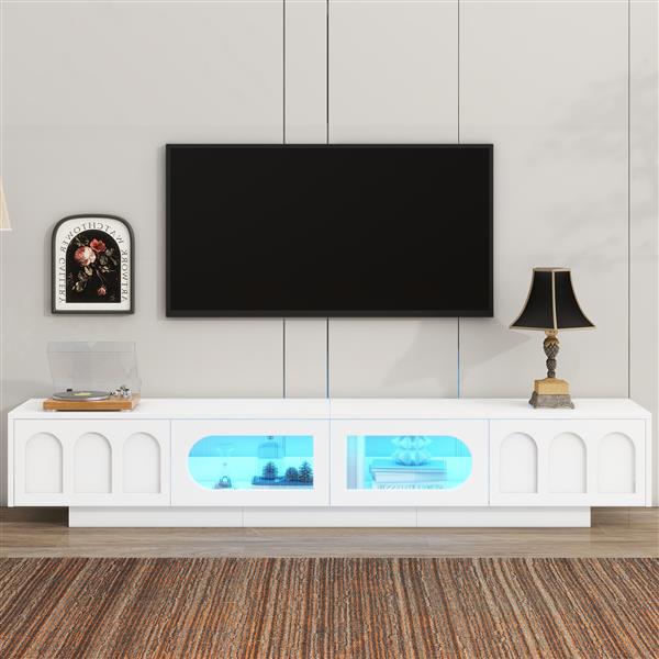 TV Stand with Fluted tempered Glass Doors for TVs Up to 95'', Functional Media Console with Arched Cabinet Doors, Entertainment Center with APP-Controlled LED Light for Living Room, White