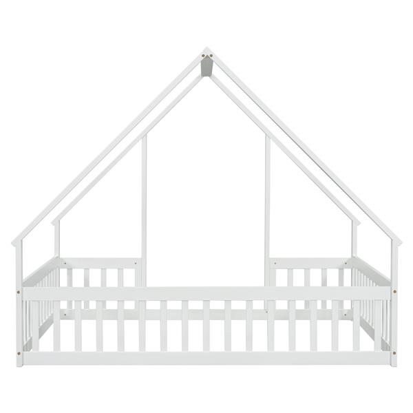 Full Wood House-Shaped Floor Bed with Fence, Guardrails,White