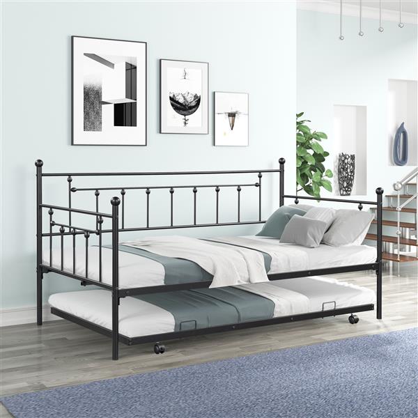 Metal Twin Daybed with Trundle/ Heavy-duty Sturdy Metal/ Noise Reduced/ Trundle for Flexible Space/ Vintage Style/ No Box Spring Needed