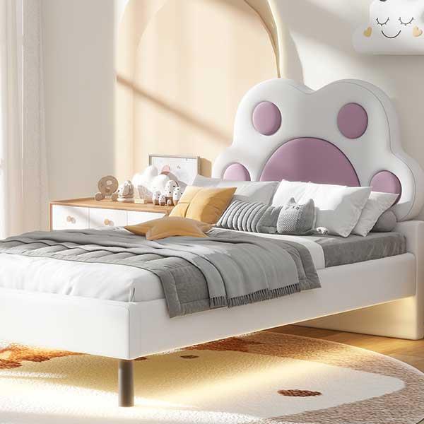 Twin Size Upholstered Platform Bed with Animal Paw Shaped Headboard and LED, Pink