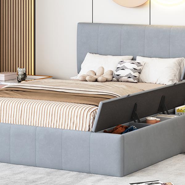 Full Size Upholstered Platform Bed with Lateral Storage Compartments and Thick Fabric, Velvet, Gray