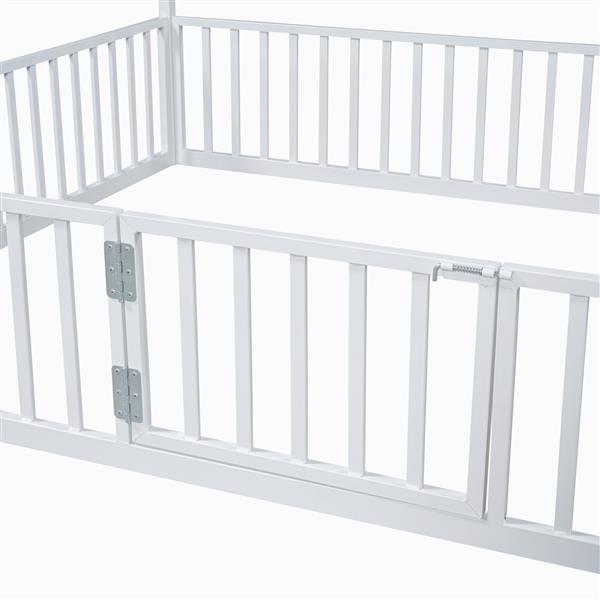 Full Size Metal House Bed with Fence and Door, White