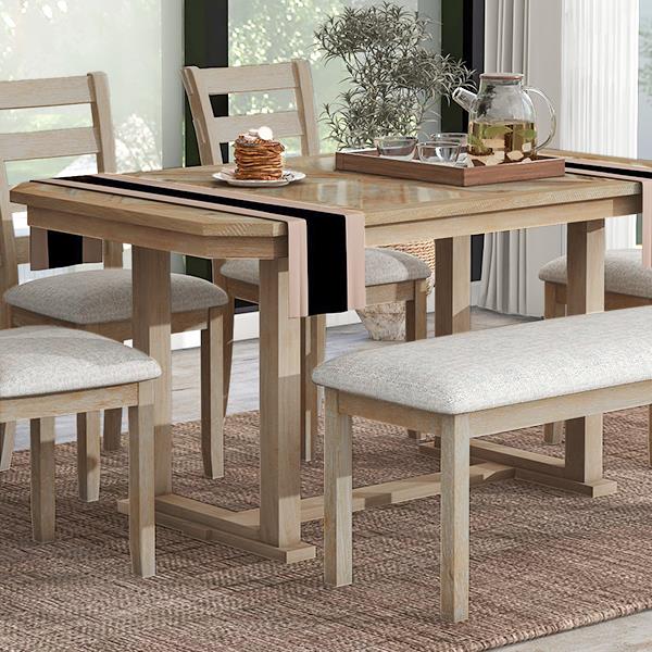 6-Piece Rubber Wood Dining Table Set with Beautiful Wood Grain Pattern Tabletop Solid Wood Veneer and Soft Cushion (Natural Wood Wash)