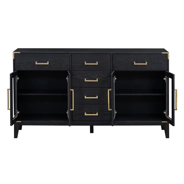 6-drawer and 2-Cabinet Retro Sideboard with Extra Large Storage Space, with ld Handles and Solid Wood Legs, for Kitchen and Living Room (Black)