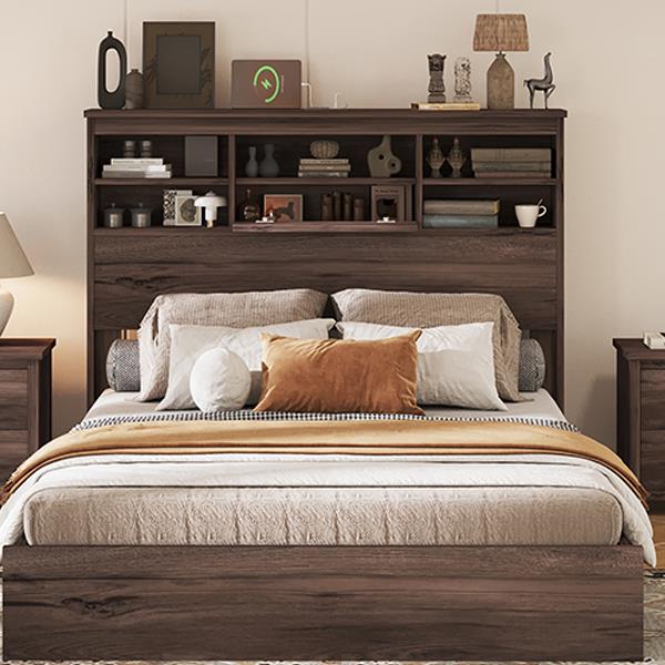 Queen Size Wooden Platform Bed with Storage Headboard,American Country Style Bed with USB Charging Ports,Dark Walnut