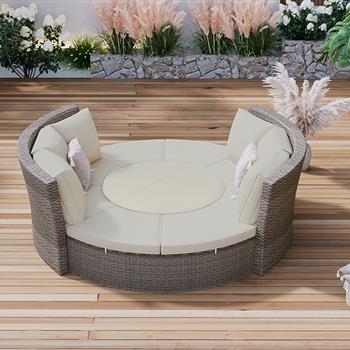 Patio 5-Piece Round Rattan Sectional Sofa Set All-Weather PE Wicker Sunbed Daybed with Round Liftable Table and Washable Cushions for Outdoor Backyard Poolside, Gray