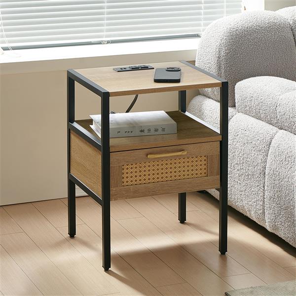 Set of 2, 15.75" Rattan End table with Power Outlet & USB Ports , Modern nightstand with drawer and metal legs, side table for living room, bedroom,natural