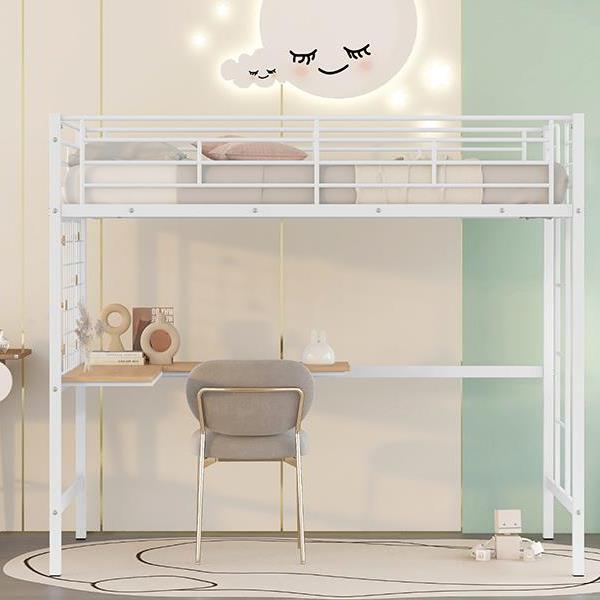 Twin Metal Loft Bed with Desk and Metal Grid,White