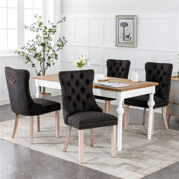 Modern, High-end Tufted Solid Wood Contemporary Flax Upholstered Linen Dining Chair with Wood Legs Nailhead Trim 2-Pcs Set,Black Linen, SW6801BK