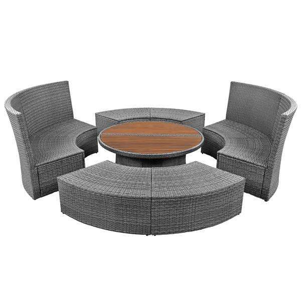 Patio 5-Piece Round Rattan Sectional Sofa Set All-Weather PE Wicker Sunbed Daybed with Round Liftable Table and Washable Cushions for Outdoor Backyard Poolside, Beige