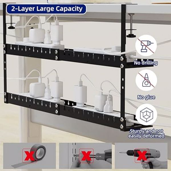 2 Layers Under Desk Cable Management Tray 31Inch Extendable Cable Management Tray Under Table Cable Management Tray Metal Under Desk Cord Management with Clamp Power Strip Cord Holder for Cable