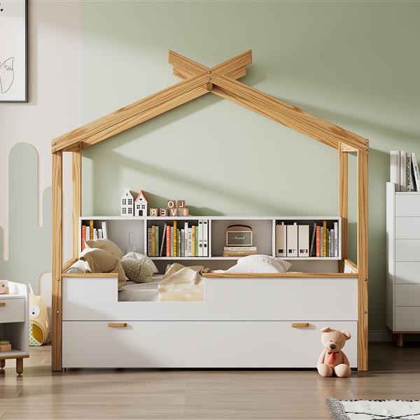 White Full Size Wooden House Bed with Original Wood Colored Frame Twin Size Trundle and Bookshelf Storage Space for Children or Guest Room