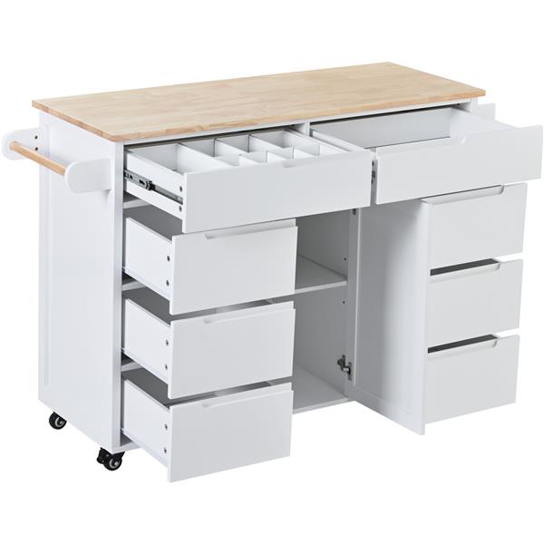 Kitchen Cart with Rubber Wood Countertop , Kitchen Island has 8 Handle-Free Drawers Including a Flatware Organizer and 5 Wheels for Kitchen Dinning Room, White