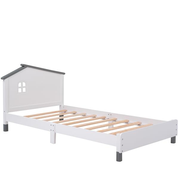 Twin Size Wood Platform Bed with House-shaped Headboard  (White+Gray)