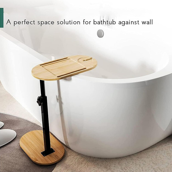 Adjustable height bamboo bathtub tray table, freestanding bathtub caddy tray for wall mounted bathtubs, bathtub side table for luxurious bathtubs, family hydrotherapy, and home heating