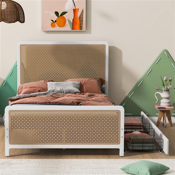 Full Size Metal Platform Bed with 2 Drawers, White