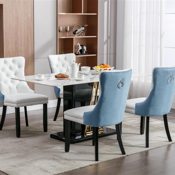 Furniture,Modern, High-end Tufted Solid Wood Contemporary PU and Velvet Upholstered Dining Chair with Wood Legs Nailhead Trim  2-Pcs Set, White+Light Blue, SW2101WL