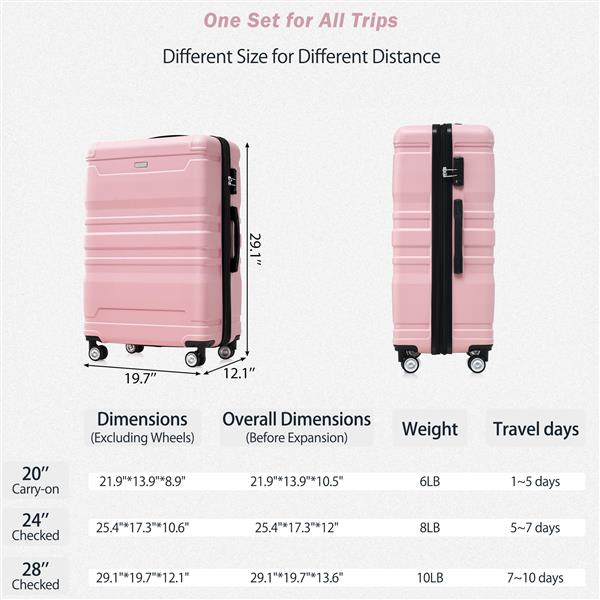 Luggage Sets New Model Expandable ABS Hardshell 3pcs Clearance Luggage Hardside Lightweight Durable Suitcase sets Spinner Wheels Suitcase with TSA Lock 20''24''28''(pink)