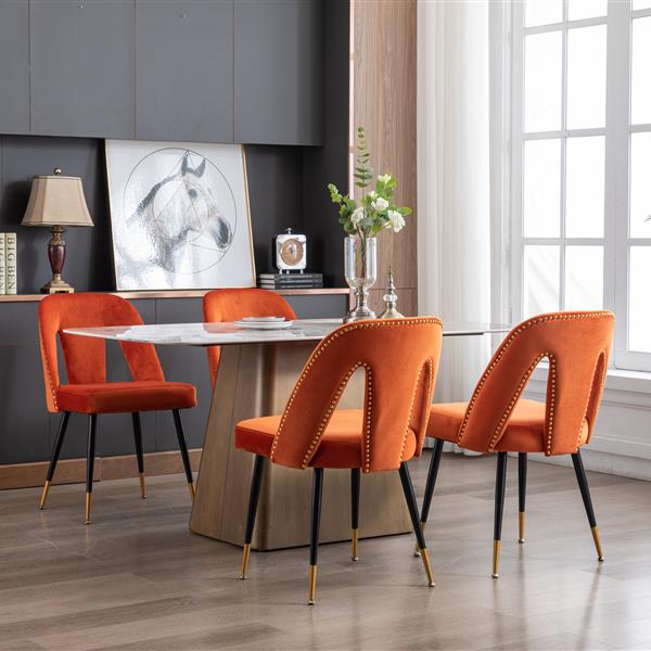 Furniture, Collection Modern | Contemporary Velvet Upholstered Dining Chair with Nailheads and ld Tipped Black Metal Legs, Orange，Set of 2