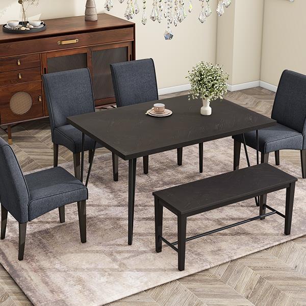 Modern 6-Piece Dining Table Set with V-Shape Metal Legs, Wood Kitchen Table Set with 4 Upholstered Chairs and Bench for 6,Espresso